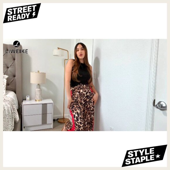 Women's Wide Leg Pants with Drawstring Waist, Side Stripes, Pockets - Picture 7 of 7